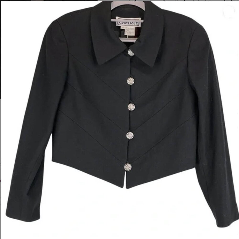 Vintage Carlisle Lightweight Wool Cashmere Blazer Black Minimalist Cropped Sz 4